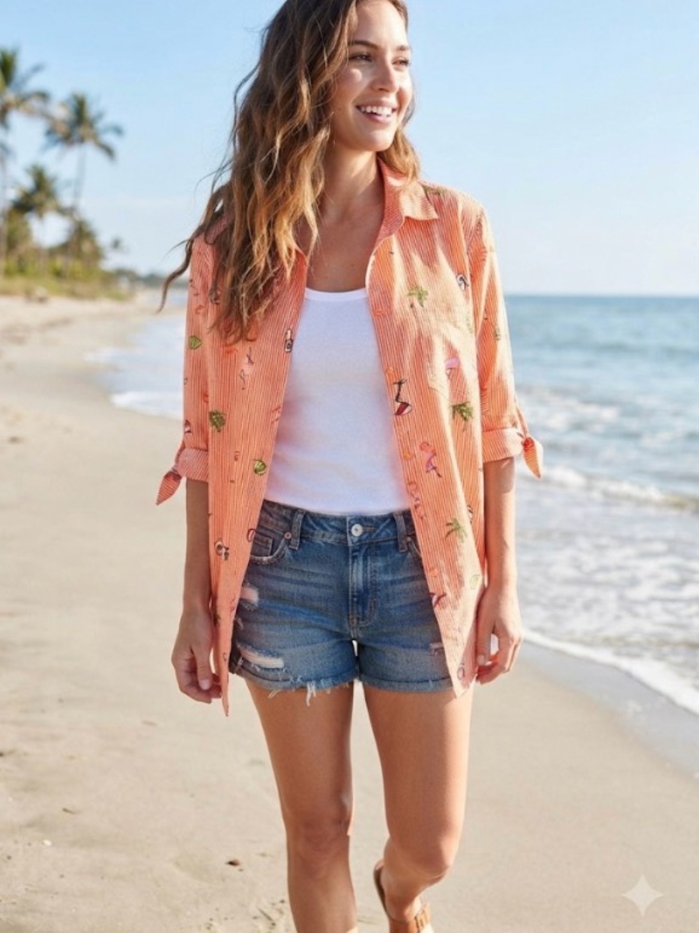 NY laundry Tropical Beach Flamingo Print Short Sleeve Button-Down Orange Shirt